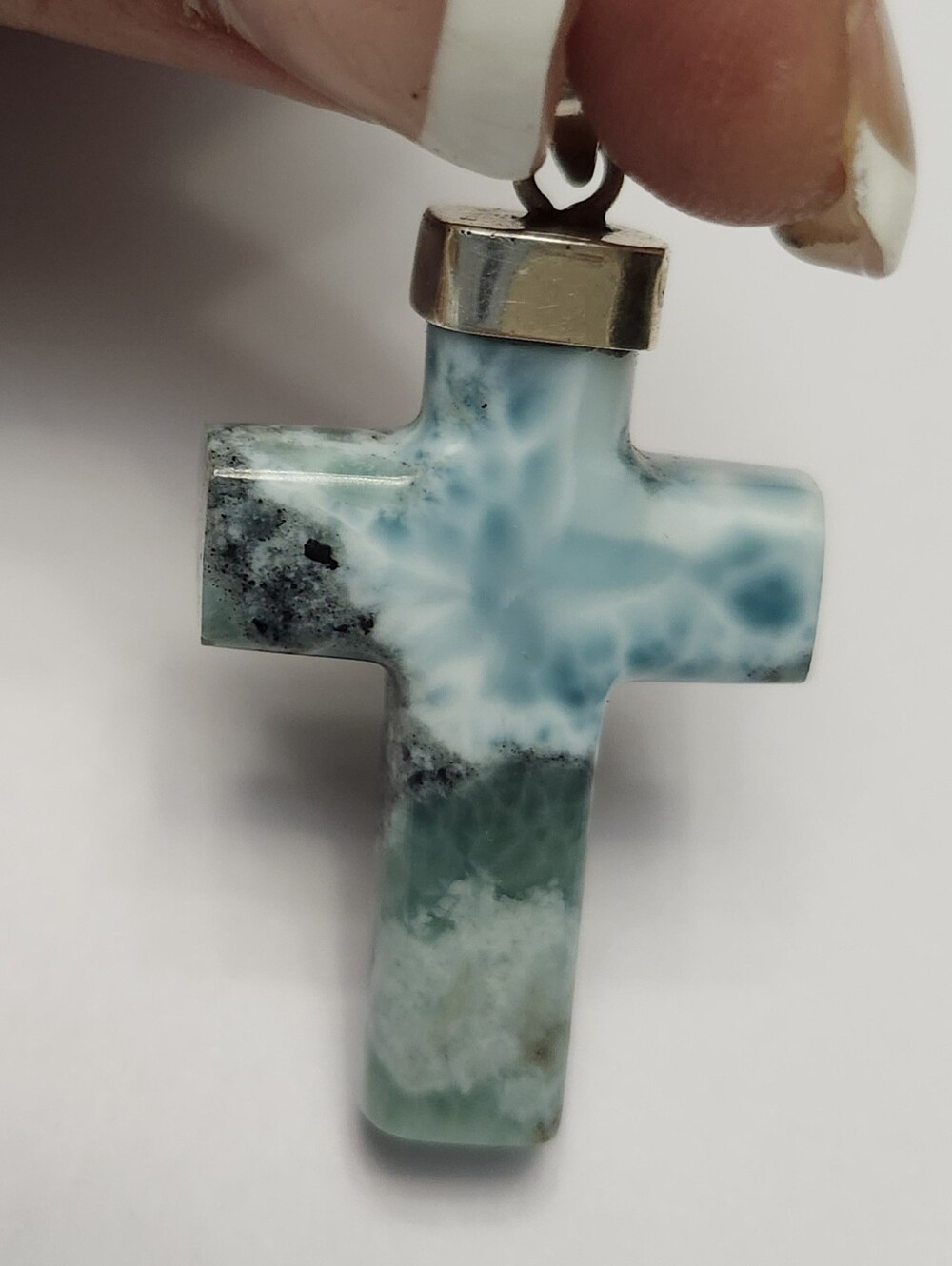 Sterling Silver 925 Larimar Reversible Design Cross Pendant Dominican Republic